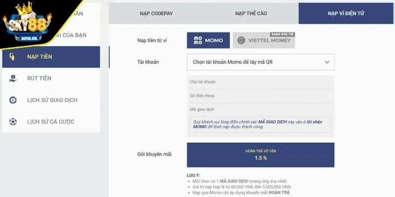 Nạp tiền qua ví điện tử Momo